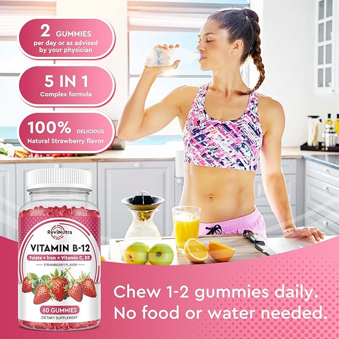 Vitamin B12 Gummies - 5000 mcg Methylcobalamin with Iron, Vitamin C, D3 & Folate, Energy Support and Metabolism, Immune, B-12 Complex Chewable Supplement for Men & Women,Strawberry Flavor