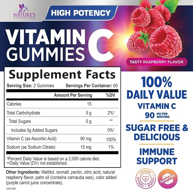 Vitamin C Gummies - 100% of Daily Vitamin C & Sugar Free - Immune Support with Powerful Antioxidants - Nature's Vegan VitaminC Dietary Supplement - Raspberry Flavor for Kids & Adults - 120 Gummies