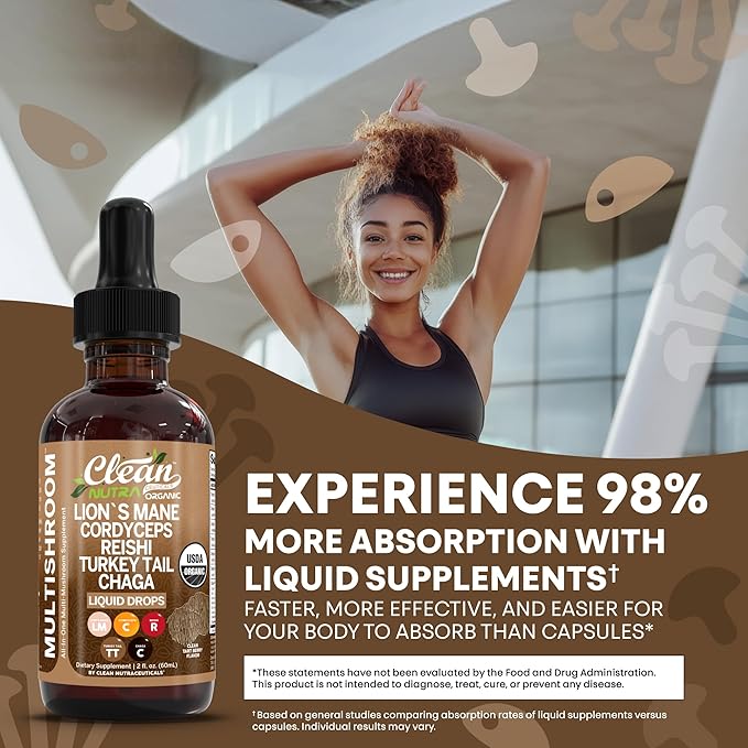 Mushroom Supplement Liquid Drops with Lions Mane Turkey Tail Cordyceps Reishi Chaga Shitake Maitake Tremella Oyster Mushrooms Poria Supplement and Enokitake Mushrooms Complex Blend By Clean Nutra