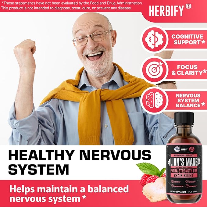HERBIFY Lions Mane Supplement - Daily Mushroom Supplement for Memory, Focus & Clarity - Brain Booster - Lions Mane Tincture for Natural Immune Support - 4 Fl Oz Raspberry Flavor