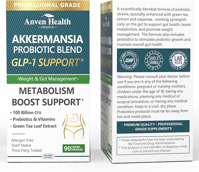 GLP-1 Supplement 100 Billion Akkermansia Probiotic & Prebiotic for Gut Health & Digestion, Metabolism & Energy Support with Vitamin B2 & D, Green Tea and Chromium - Non-GMO | 180 Capsules