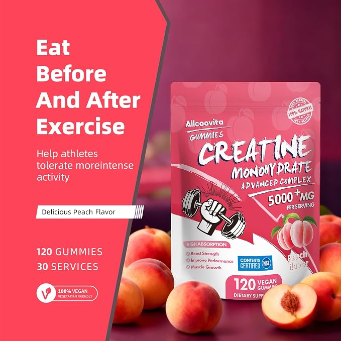 Allcoovita Creatine Monohydrate Gummies 5g for Men & Women. Boost Focus,Strength, and Endurance, Anti-Melting Formula, Vegan, Gluten-Free, Non-GMO,(Peach 120 ct)