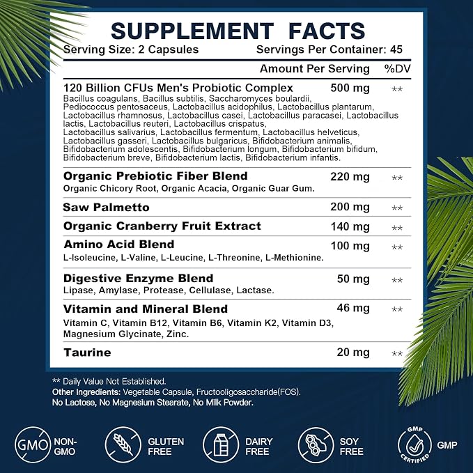 Probiotics for Men Digestive Health, 120 Billion CFUs Mens Probiotic with Digestive Enzymes & Prebiotics & Saw Palmetto & Cranberry for Gut, Prostate & Urinary Tract Health, Shelf Stable, 90 Capsules