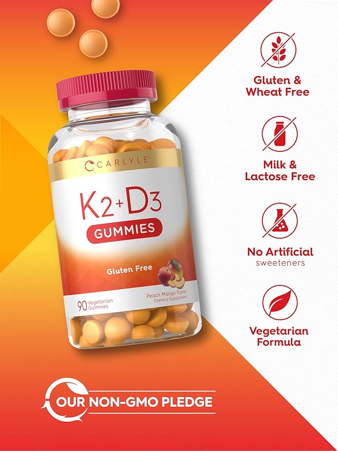 Carlyle Vitamin D3 K2 Gummies | 90 Count | 5,000 IU of D3 + 50 mcg MK7 | Peach Mango Flavor | Vegetarian, Non-GMO, and Gluten Free Supplement