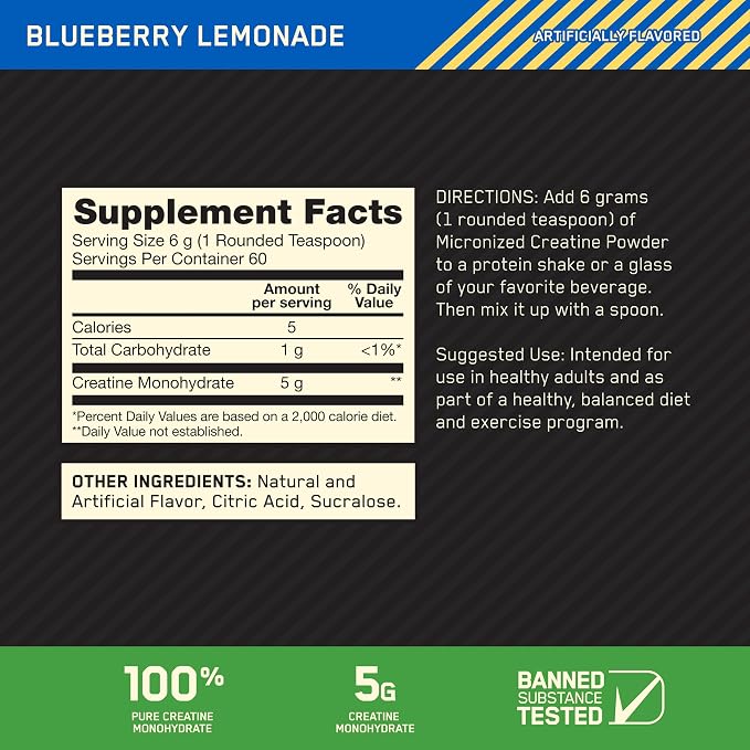 Optimum Nutrition Micronized Creatine Monohydrate Powder, Blueberry Lemonade Creatine, 60 Servings, 360 Grams (Packaging May Vary)