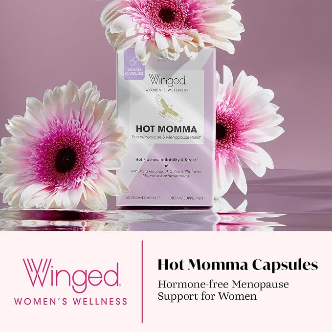 Winged Wellness Hot Momma Menopause Supplements for Women - Hormone-Free Menopause Relief Support for Hot Flashes & Night Sweats with Chaste Tree Berry, Multivitamins & Shatavari - 60 Vegan Capsules
