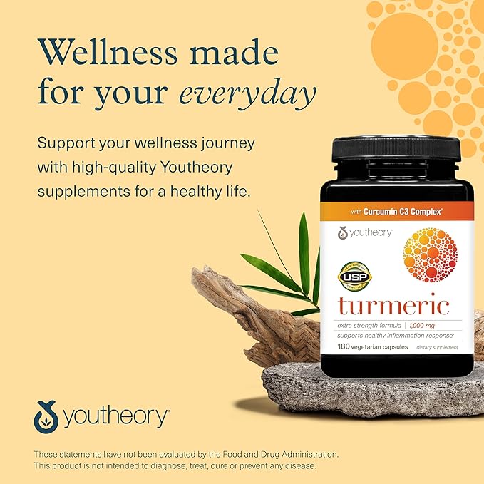 Youtheory Turmeric Extra Strength - 1,000 mg - Supports Muscle & Joint Health* - Contains Bioenhancers, Curcuminoids & Herbal Extracts - USP Verified - 180 Vegetarian Capsules (90-Day Supply)