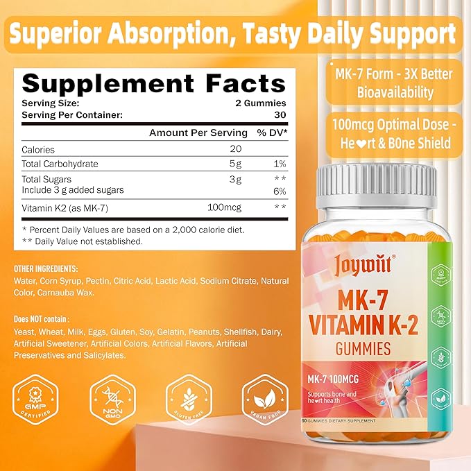 Vitamin K2 MK-7 Gummies 100mcg, Extra Strength K2 Vitamin Supplement for Bone & He-Art Support, Chewable Natural Orange Flavor, Non GMO, Vegan, 120 Gummies