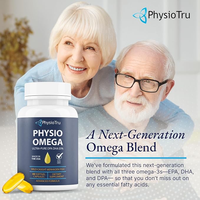 Physio Omega 2400mg Fish Oil with Omega 3 Fatty Acid Supplement - Vascular & Cognitive Supplements for Adults - Non-GMO, Burpless, Light Citrus Flavor, Sustainably Sourced - 1 Pack, 60 Softgels