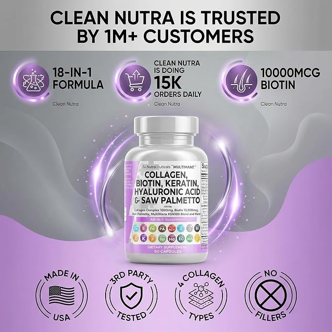 Clean Nutraceuticals Collagen Pills 1000mg Biotin 10000mcg Keratin Saw Palmetto Hyaluronic Acid - Hair Skin & Nails Vitamins & DHT Blocker with Vitamin E Folic Acid Pumpkin Seed MSM - 90 Count