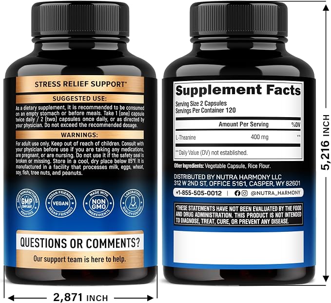 L Theanine 400 mg | L-Theanine Stress Relief | Extra Strength Supplement | Made in USA | Relaxation, Sleep & Calm Support | For Men & Women | Plant Based, Non-GMO & Gluten-Free | 240 Vegan Capsules