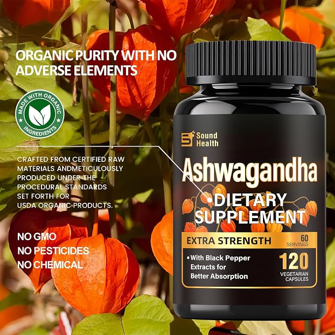 SoundHealth Organic Ashwagandha Capsules Supplement - 120 Capsules (60 Servings)