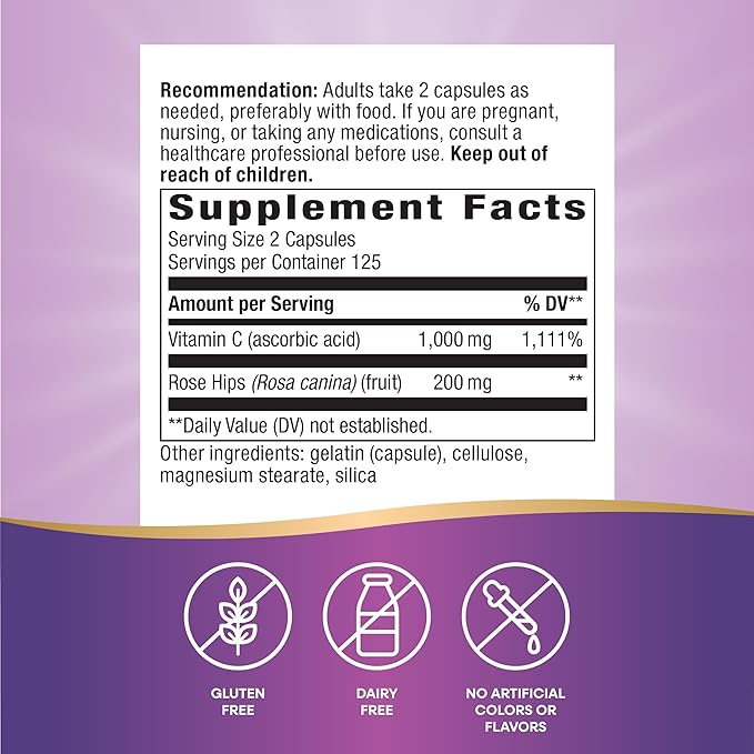 Nature's Way Vitamin C with Rose HIPS, Antioxidant & Immune Function Support from Vitamin C*, Promotes Collagen for Healthy Skin*, 1,000 mg*, 500 Capsules (Packaging May Vary) - 2 Pack