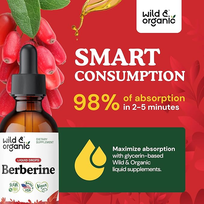 Wild & Organic Berberine Supplement 500mg - Antioxidant Support - HCL Berberine Liquid Drops - Add to Tea Tincture - Berberis Aristata Bark Extract - Vegan, Alcohol & Sugar-Free - 2 fl oz