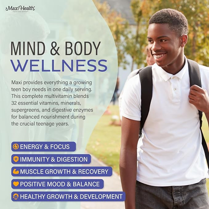 Teen Vitamins for Boys 12-17 - Teen Multivitamin Supreme with D3, Iron, Calcium, Biotin, Digestive Enzymes – Teenager Boy Multi Vitamins for Energy, Brain & Mood Support – 60 Count