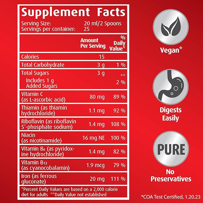 hübner Hubner Iron Vital Liquid Iron Supply Plus Vitamin C, Dietary Supplement for Adults and Kids, Vegan and Gluten-Free, Fruit Flavor, 500 ml Bottle, 50 Servings