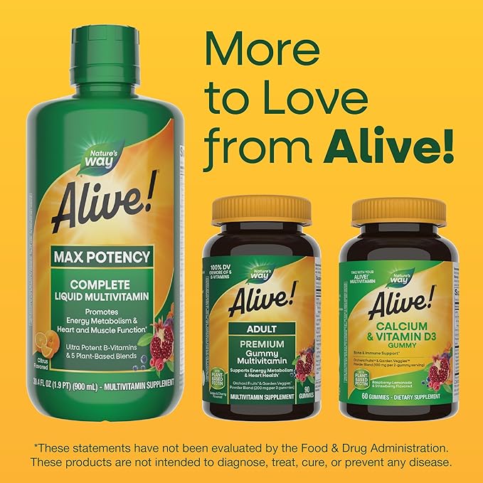 Nature’s Way Alive! Max Potency Complete Liquid Multivitamin, Liquid Vitamin Promotes Energy Metabolism, Heart & Muscle Function* with Vitamins A, B, C, D, Multivitamins for Women & Men, 30.4 Fl Oz