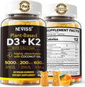 Vitamin D3 5000iu & K2( as MK7 ) 200mcg Gummies + 600mg Calcium, with Coconut Oil for High Absorption, Maximum Strength Vitamin D3 K2 Supplement - Support for Bones Muscle Teeth Immune, Vegan 60 Count