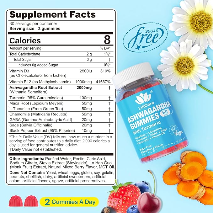 Ashwagandha Gummies 2000mg for Women Men - Sugar Free, Vegan - Organic Ashwagandha Root Extract Supplements Gummy & Vitamin D3, B12 and Turmeric, Promote Relaxation, Mixed Berry Flavor, 120 Count