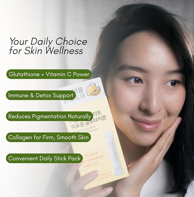 HEALTHY PLACE Double Toning White Liposome Glutathione Korean Beauty Supplement – Liposomal L-Glutathione, Vitamin C 500 mg, Vitamin E, Biotin & Fish Collagen 500 mg, Lime-Lemon Flavor – 30 Packets