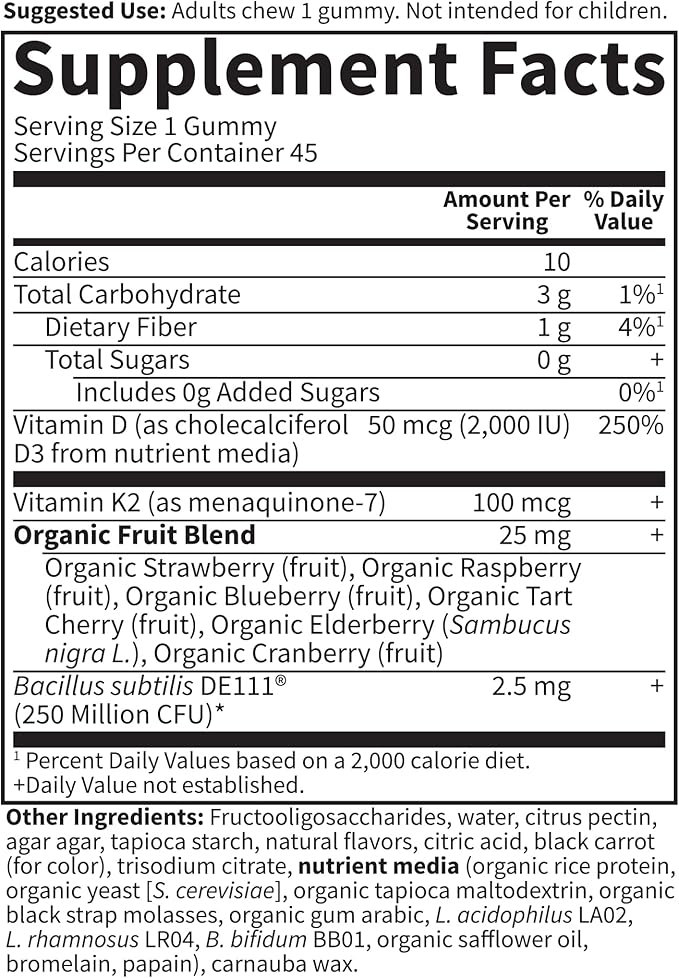 Garden of Life Vitamin Vitamin Code D3 + K2 Gummies with Prebiotics & Probiotics for Digestion, 2000 IU Vitamin D3 + 100 mcg K2 for Bone & Immune Health for Adults, 45 Raspberry Lemon Gummies