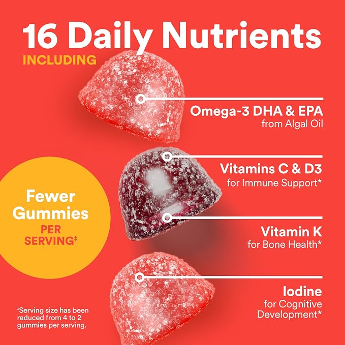 SmartyPants Kids Multivitamin Gummies, Omega 3 (DHA/EPA), Vitamins D3, C, B12, B6, Vitamin A, K & Zinc, Gluten Free, Cherry Berry Punch Flavors, 60 Count (30 Day Supply)