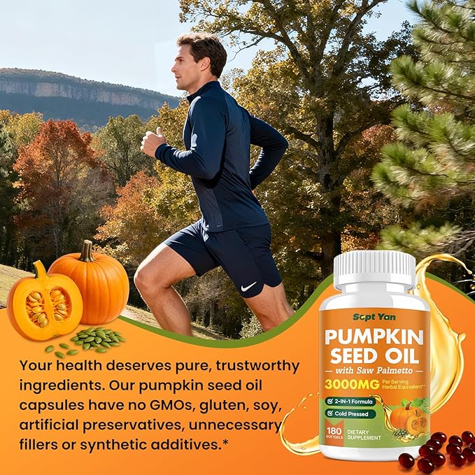 Pumpkin Seed Oil with Saw Palmetto Capsules, 3000mg Per Serving, Pumpkin Seeds Oil Supplement, Supports Immune, Hair, Urinary, Bladder & Prostate Health, Non-GMO, 360 Softgels