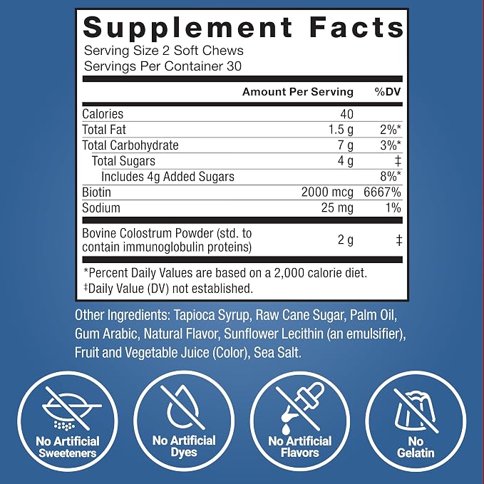 Force Factor Awesome Colostrum Supplement, Berries & Cream, 60 Soft Chews | Bovine Colostrum with Biotin, Grass-Fed, Antibiotic-Free, Supports Gut & Immune Health, Supports Hair, Skin & Nails