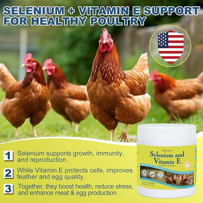 Selenium & Vitamin E Powder for Chickens, Selenium for Chickens, Immune System, Muscle Support & Prevents, Improve Wry Neck, Selenium, Vitamin E Supplements, Suitable for All Poultry, Chicken & More