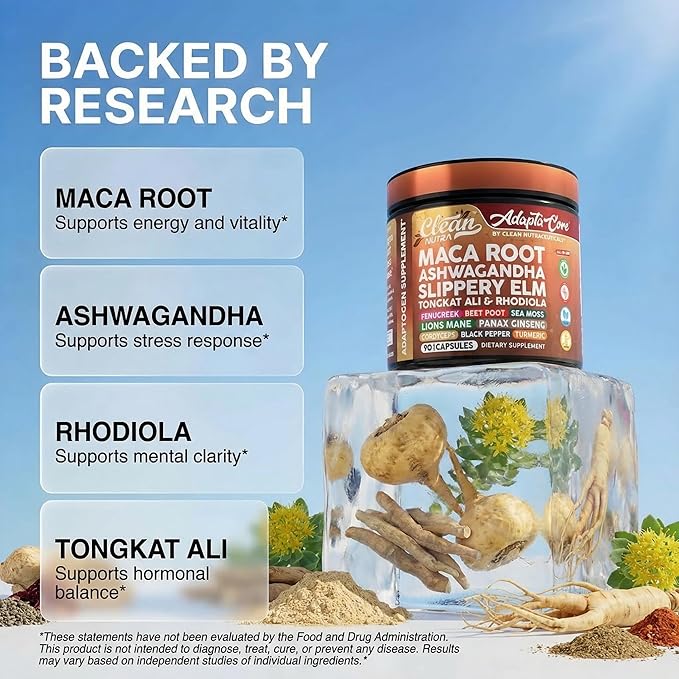 Clean Nutra Organic Maca Root Capsules for Women + Ashwagandha Slippery Elm Tongkat Ali Rhodiola Rosea Fenugreek Beet Root Sea Moss Ginseng Black Yellow Red Maca Powder Supplement 90 Pills
