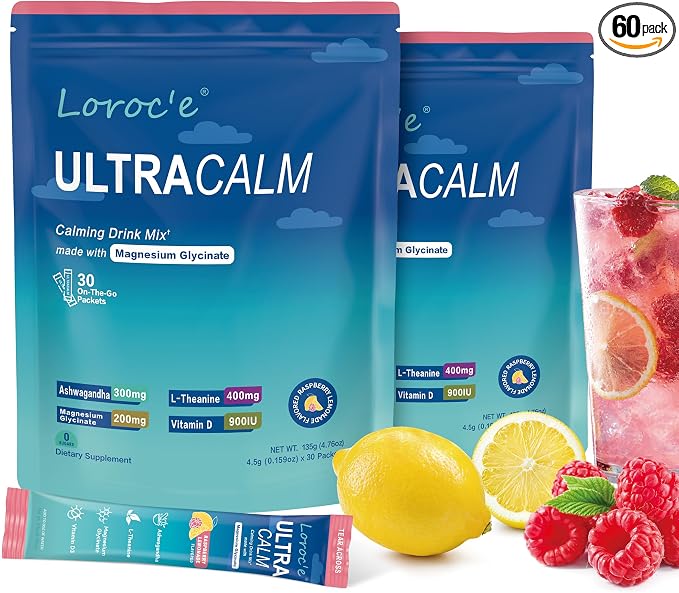UltraCalm Cortisol Drink Mix - Raspberry Lemonade with Ashwagandha, Magnesium Glycinate & L-Theanine Supplement - Sleep and Relaxation Support (2 x 30 Travel Packets)