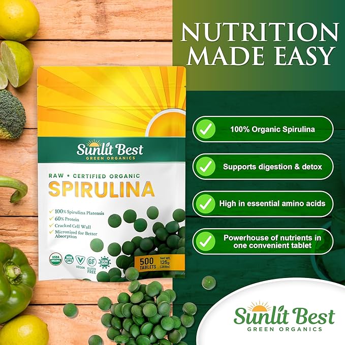 Sunlit Best Spirulina Tablets - Organic Spirulina Tablets USDA Premium 500 Count - Natural Spirulinas Organic Burst for Immune Support Muscle Growth, Energy Boost w/Chlorophyll - High Protein, Non GMO