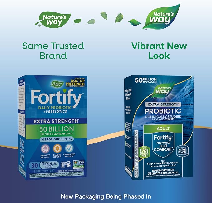 Nature's Way Extra Strength(1) Fortify Probiotic, Probiotics for Digestive Health, Prebiotics, 50 Billion Live Cultures, Digestive & Immune Health Support*, 30 Capsules