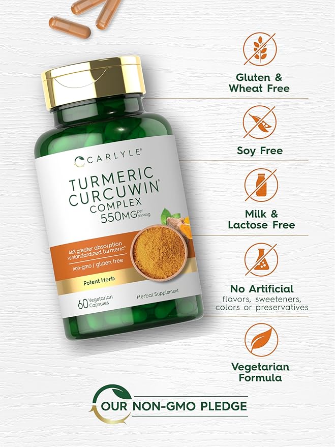 Carlyle Turmeric Curcumin 550mg | 60 Vegetarian Capsules | High Absorption with 95% Curcuminoids and CurcuWin Extract | Non-GMO & Gluten Free Supplement