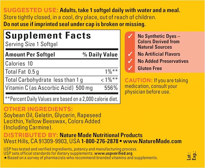 Nature Made Vitamin C 500 mg, Dietary Vitamin C Supplement for Immune Support, 60 Softgels, 60 Day Supply