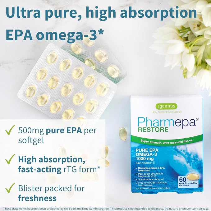 Igennus Pharmepa Restore, Pure EPA 1000mg, Omega 3 rTG Fish Oil, IFOS Certified, High Absorption, 90% Concentration Triple Strength, Wild & Sustainable, Lemon Flavor, 1-Month Supply, 60 Softgels