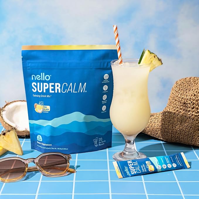 Nello Supercalm Powdered Drink Mix, Cortisol Reducer* and Sleep Aid Supplement, L Theanine, Ksm-66 Ashwagandha, Magnesium Glycinate, Vitamin D 3, No Sugar, Non GMO, On The Go, 20 Ct, Pina Colada