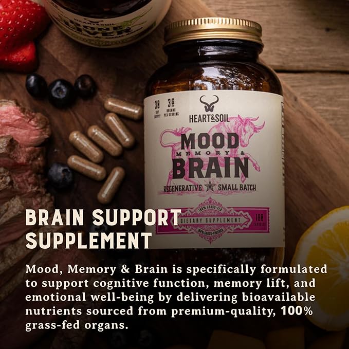 HEART & SOIL – 100% Grass Fed & Finished Beef Brain Supplement from Regenerative Cattle – for Cognitive Function & Memory – 3000mg Focus Supplement with Beef Organs – Glass Bottle – 180 Capsules