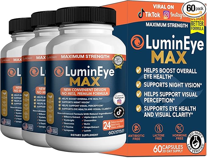 LuminEye MAX Eye Health Supplement, 60 Veggie Capsules, with Lutein, Bilberry Extract, 24 Premium Ingredients, Maximum Strength Vision Support (3)