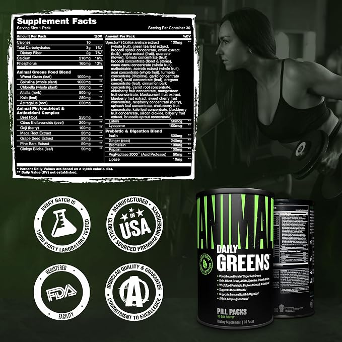 Animal Daily Greens Pill Packs - Kale, Wheat Grass, Alfalfa & More - Convenient Prebiotic and Probiotic Superfood Blend for Superior Digestion, Gut Health, and Immunity For Men & Women - 30 Day Supply