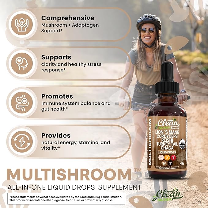 Mushroom Supplement Liquid Drops with Lions Mane Turkey Tail Cordyceps Reishi Chaga Shitake Maitake Tremella Oyster Mushrooms Poria Supplement and Enokitake Mushrooms Complex Blend By Clean Nutra