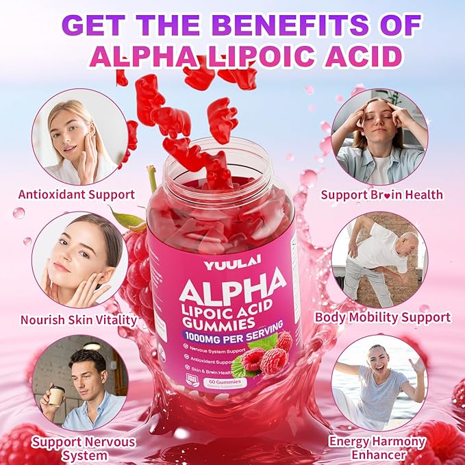 Pack of 2 Alpha Lipoic Acid Gummies 1000MG with Biotin, High Absorption Chewable ALA Supplement for Antioxidant, Brain Health and Nerve Support, Raspberry Flavor, 120Count