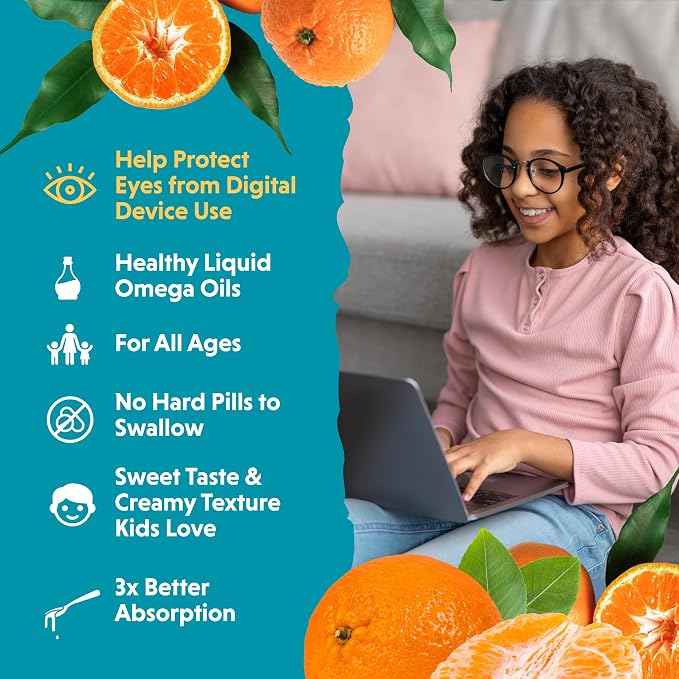 Barlean's Omega 3 Fish Oil Liquid Supplement for Kids, 500 mg of EPA and DHA Fatty Acid for Brain & Eye Health, Hooty Fruity Tangerine, 8 oz, 2 Pack