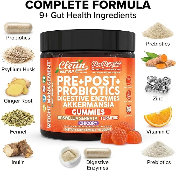 Clean Nutra Prebiotic Postbiotic Digestive Enzymes Gummies with Chicory Root, Boswellia Serrata, Turmeric, and Akkermansia | Pre+Post Probiotics Supplement | 60 Count Gummy | PooPerfect