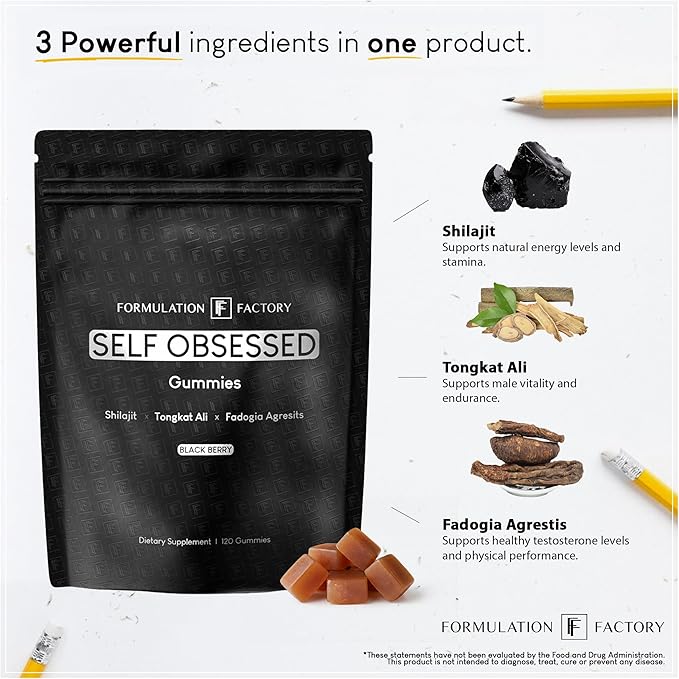 Self Obsessed Shilajit Gummies for Men, Tongkat Ali + Fadogia Agrestis Supplement, Energy, Strength, Drive & Vitality Support, Natural Masculinity Formula (1 Month Supply – 120 Count, Pack of 1)