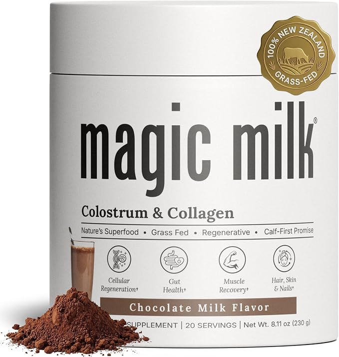 Magic Milk - New Zealand Grass-Fed Colostrum & Collagen | Supports Gut Health, Immunity, & Muscle Recovery | Bioactive Nutrients for Skin & Hair Health | Chocolate Milk Flavor | 20 Servings