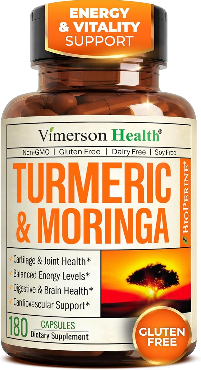 Moringa Turmeric Curcumin Supplement for Joint Health, Gut Health, Energy & Immune Support – Turmeric Curcumin with Black Pepper – Total Wellness Formula with Tumeric Moringa Pure Capsules – 180 Count
