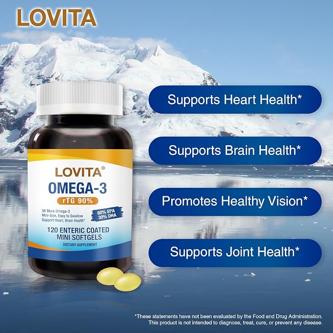 LOVITA Omega-3 Fish Oil 2000mg Supplement for Men and Women, 360 Mini Softgels, High Absorption rTG with EPA & DHA, Burpless Enteric-Coated, Non-GMO, Supports Heart Brain Eye Health, 90 Day Supply