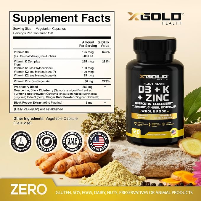 Vitamin D, K2, K1, Zinc, Quercetin, Elderberry, Turmeric, Ginger & Echinacea Whole Food Supplement 8 in 1- D3 5000 IU Plant-Based from Lichen, Vitamin K (K2 MK7, MK4, K1), D3 K2 Vitamins -120 Capsules