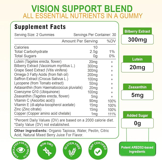 Lutein 20 mg with Zeaxanthin Gummies, Lutein and Zeaxanthin Supplements with Eye Vitamins C, E, Bilberry for Eye Health - 120Cts
